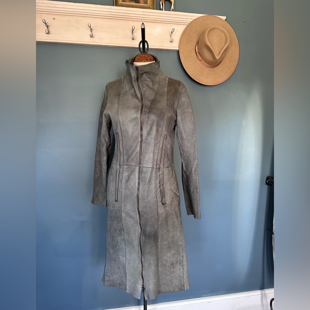 Collection PRIVEE? Green gray Italian leather funnel neck trench Coat sz 42